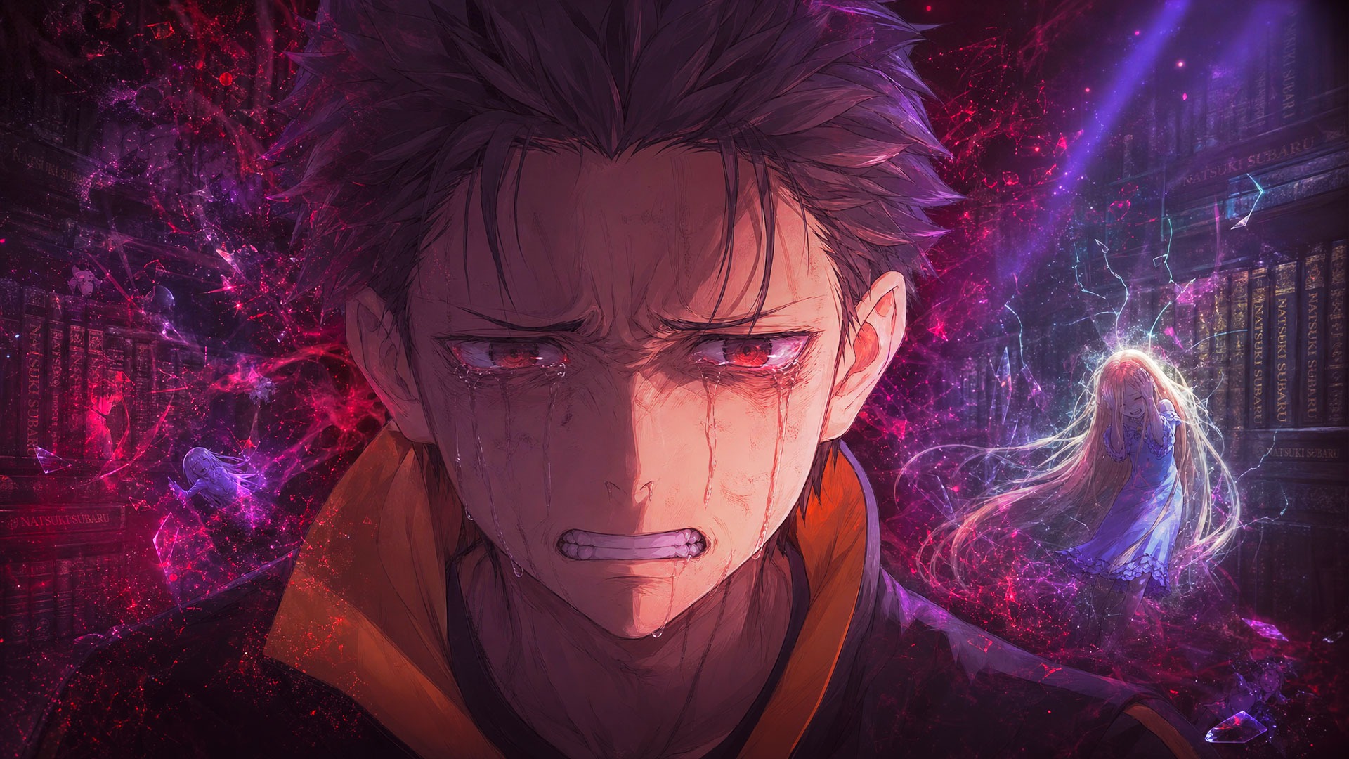 Ilustração de Subaru Natsuki chorando na Biblioteca dos Mortos em Re:ZERO