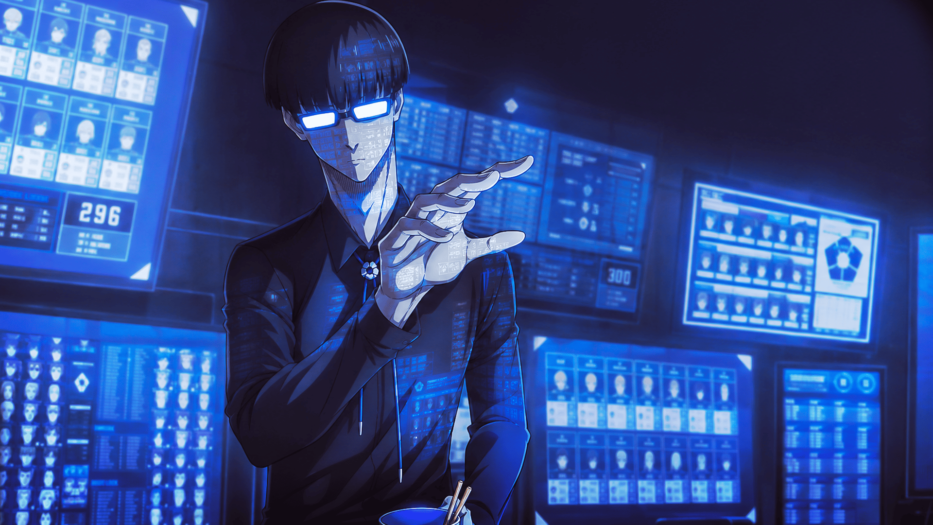 Jinpachi Ego de pé na sala de controle do Blue Lock, rosto iluminado pela luz fria de dezenas de monitores