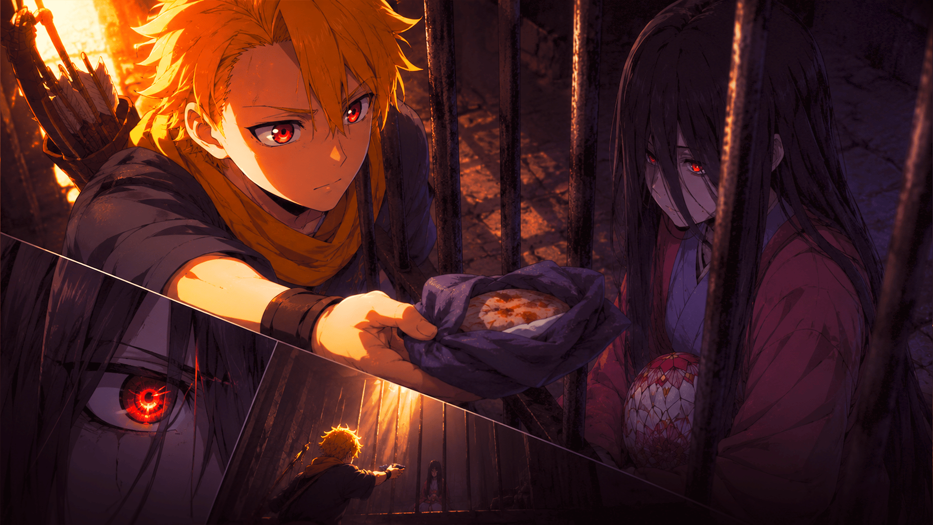 Blonde anime boy with red eyes holding a bowl of food near a woman behind bars.