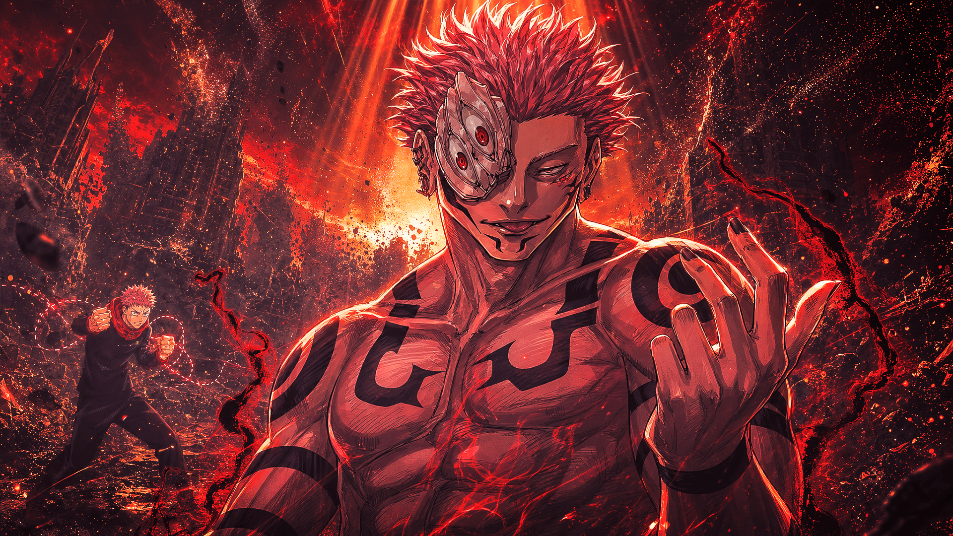 Ryomen Sukuna and Yuji Itadori anime artwork featuring fiery city destruction and cursed energy effects.