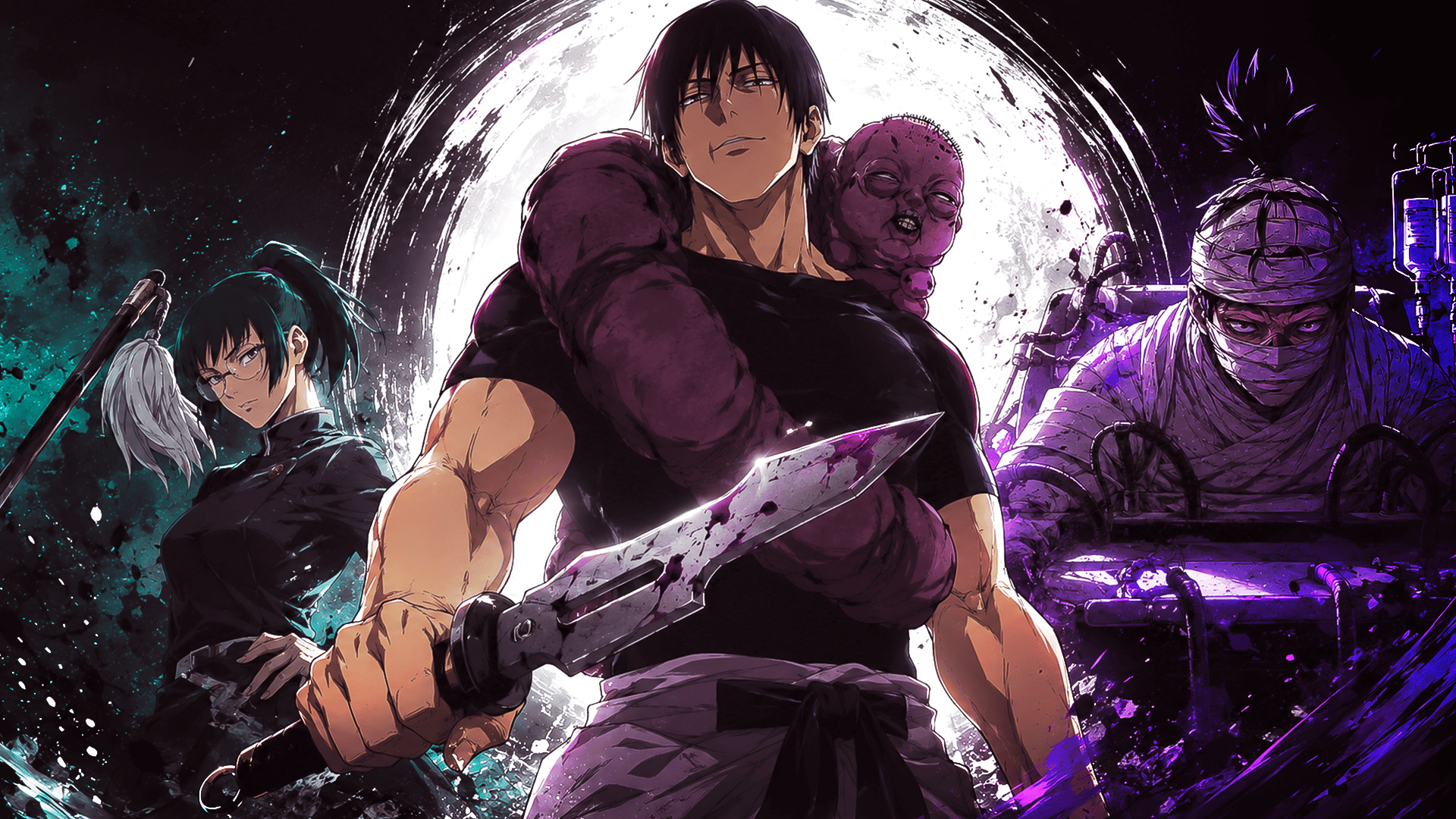Jujutsu Kaisen wallpaper featuring Toji Fushiguro, Maki Zenin, and Kokichi Muta in a stylized anime art style.