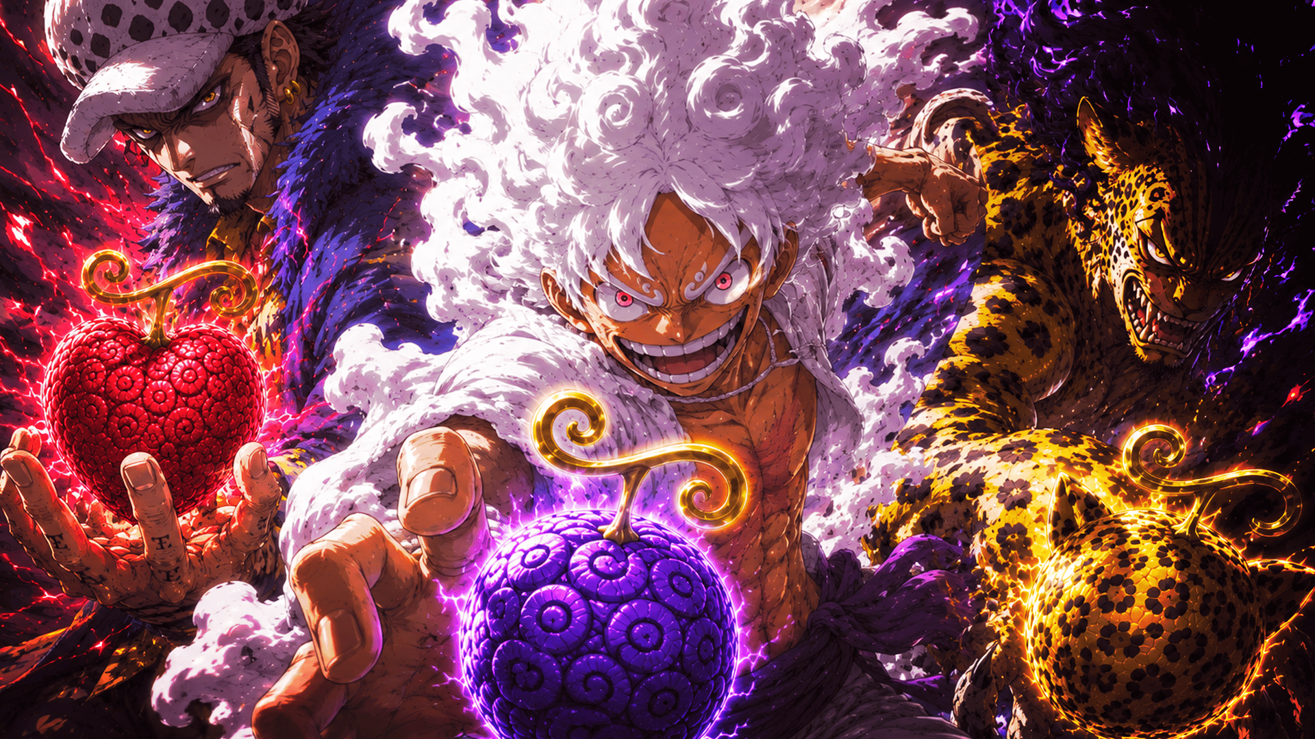 One Piece artwork featuring Law, Luffy Gear 5, and Lucci holding their respective Devil Fruits.