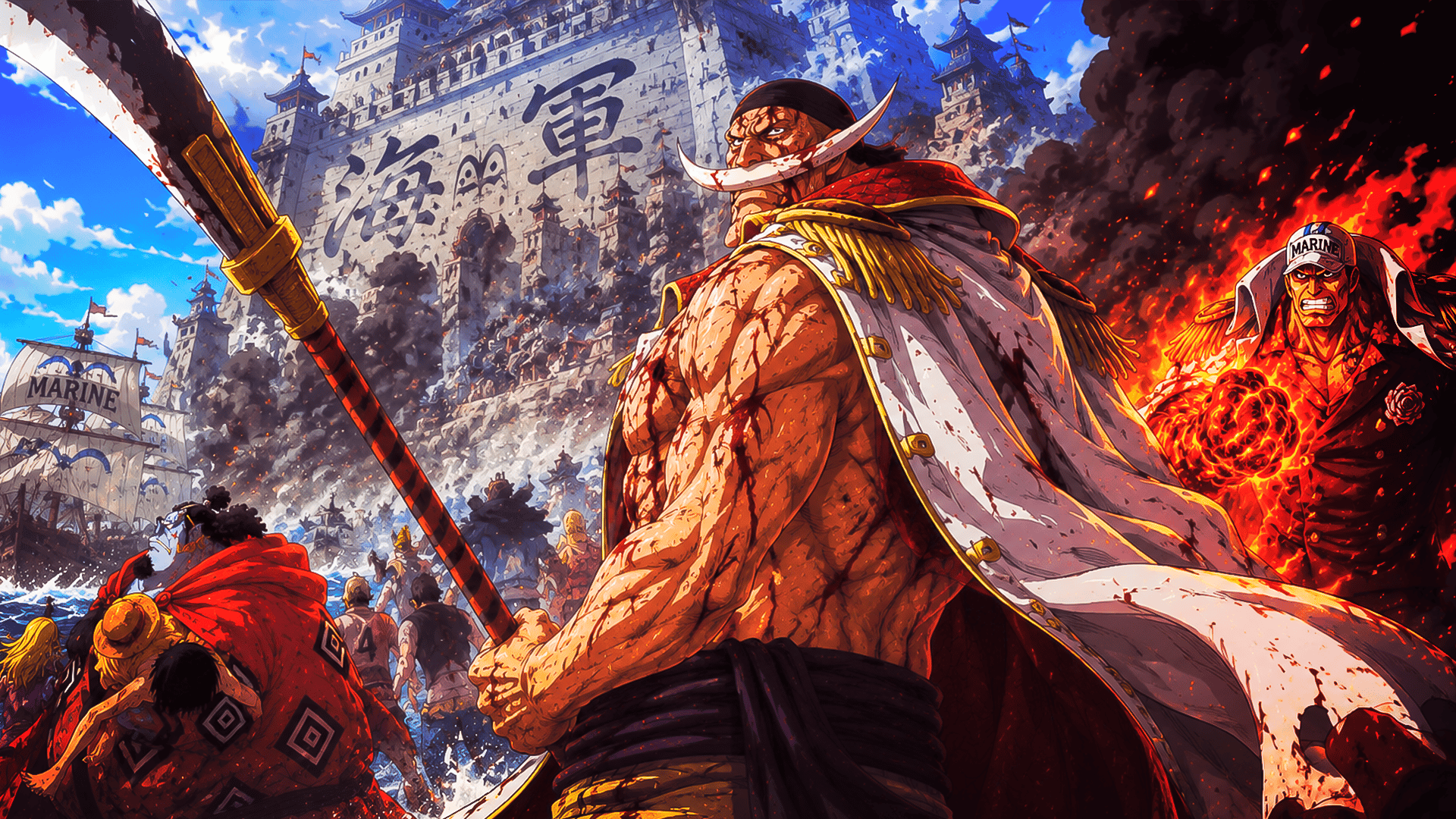 Whitebeard stands wounded at Marineford with Akainu, Luffy, and Jimbei in an intense One Piece anime battle scene.