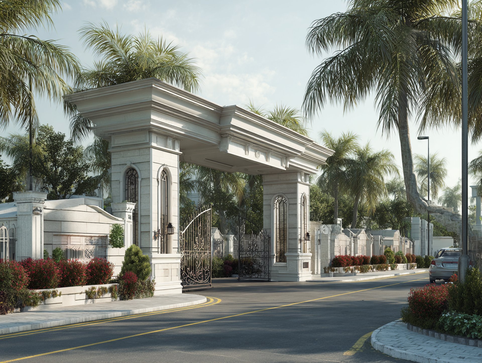 an abstract photo of a curved building with a blue sky in the background