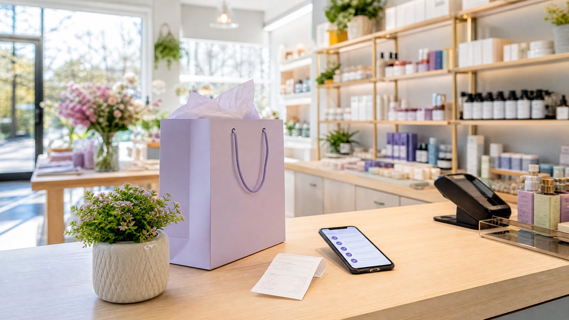 Bright local retail shopping experience with checkout counter, bag, receipt, and phone checklist