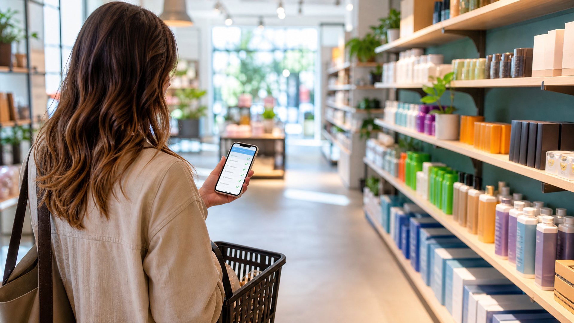 Bright retail store shopper browsing shelves with a phone checklist