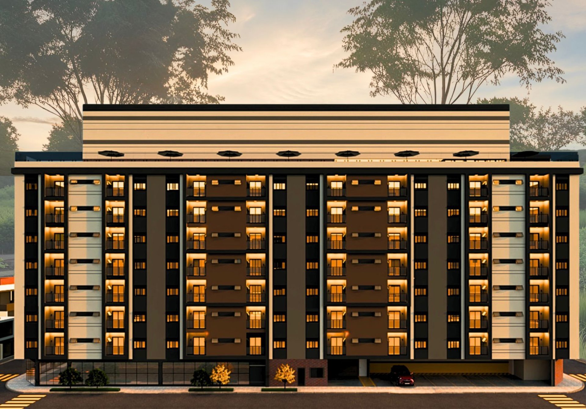 an abstract photo of a curved building with a blue sky in the background