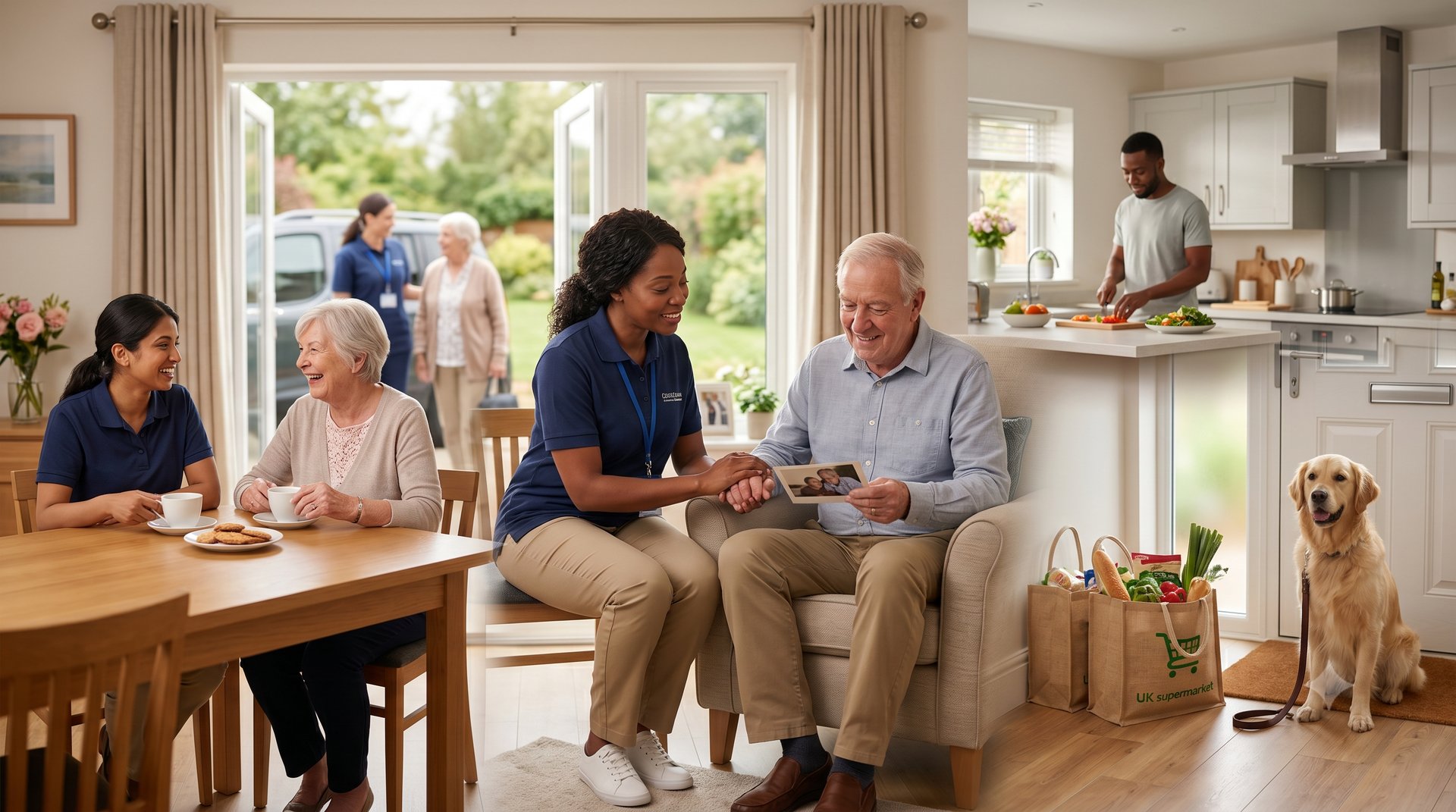 Caregiver assisting elderly couple with coloring