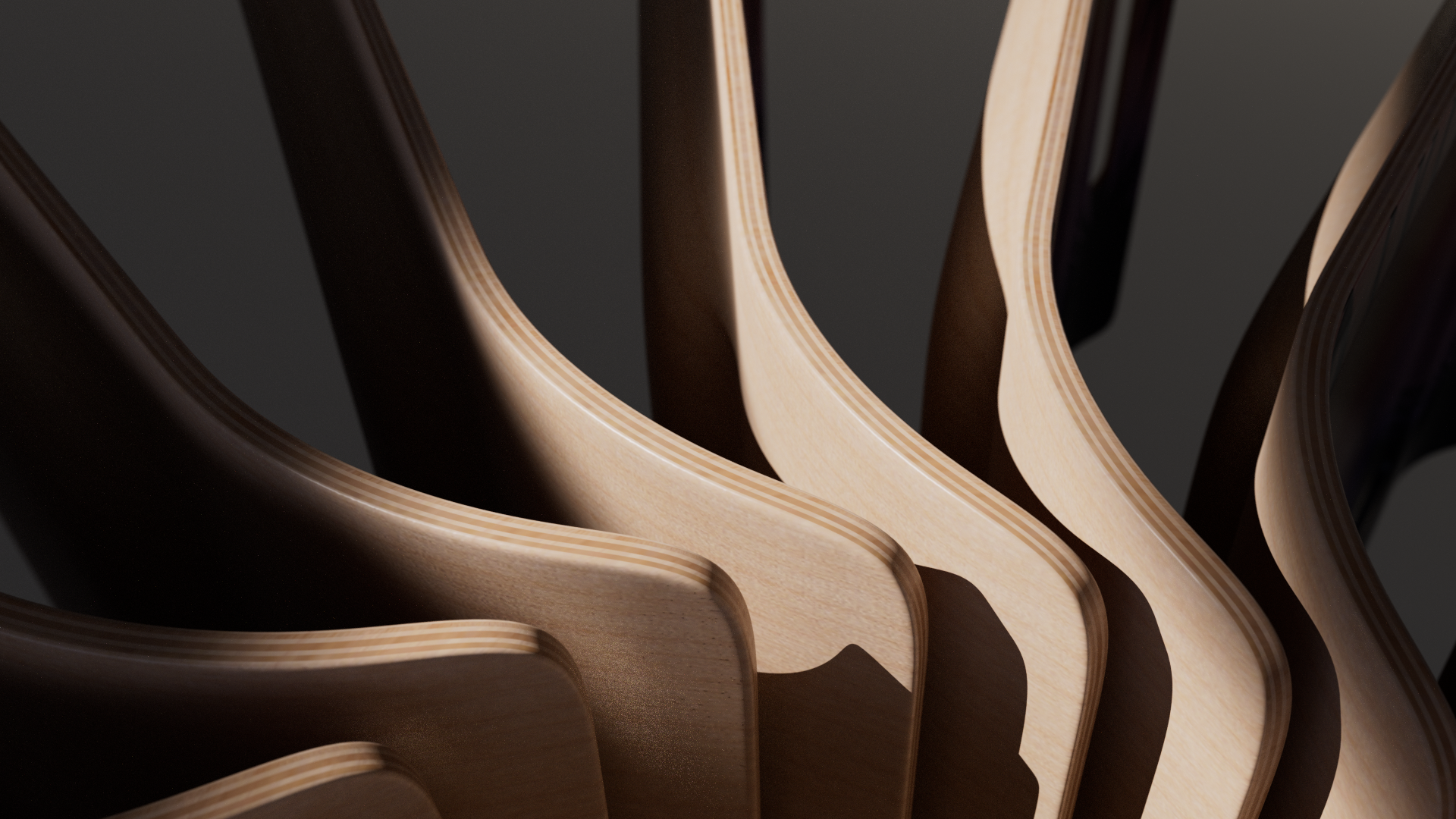 an abstract photo of a curved building with a blue sky in the background