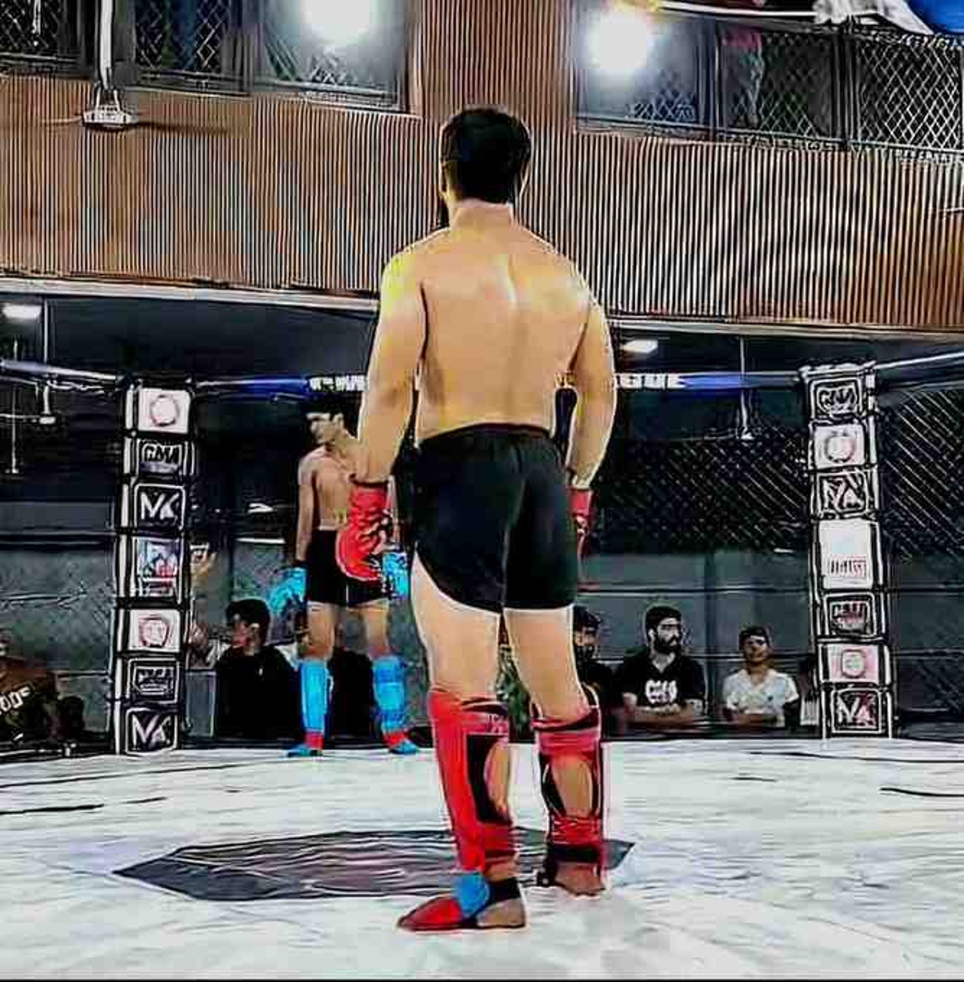 an abstract photo of a curved building with a blue sky in the background