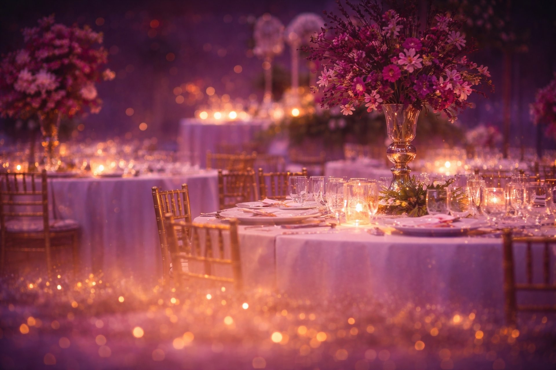 a table set up for a party with candles and flowers