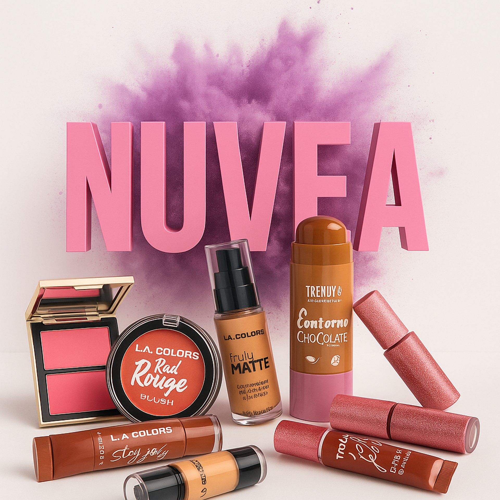 a group of different shades of makeup on a pink background