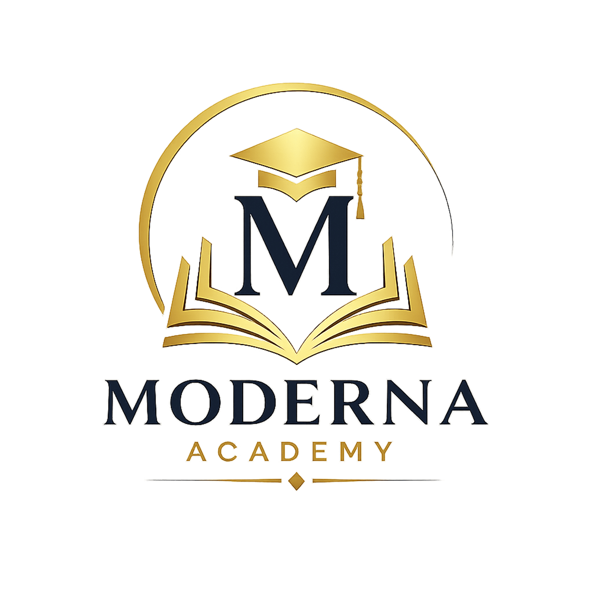 Logo de Moderna English Academy con fondo blanco y Letras doradas