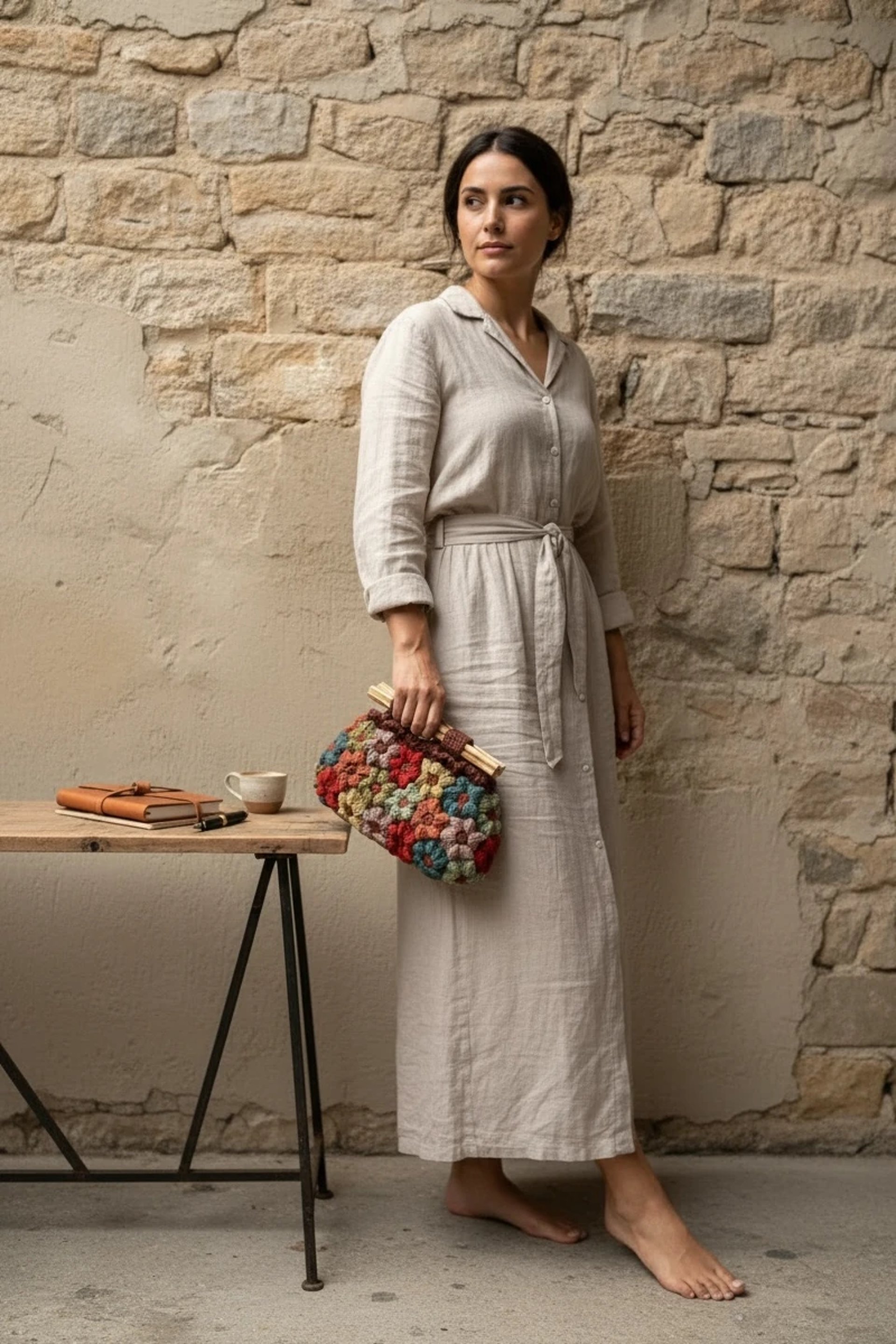 modelo segurando bolsa nature em croche feita por vivian lazar