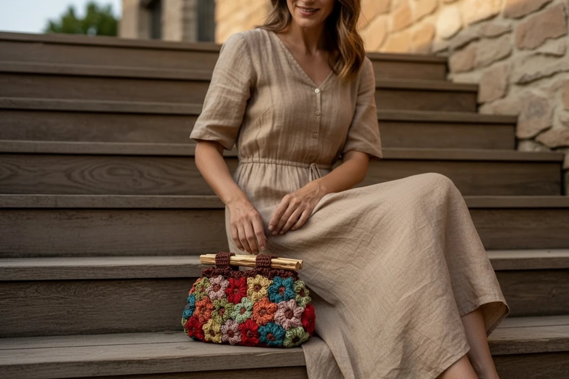 bolsa nature em croche com alça de madeira  por vivian lazar