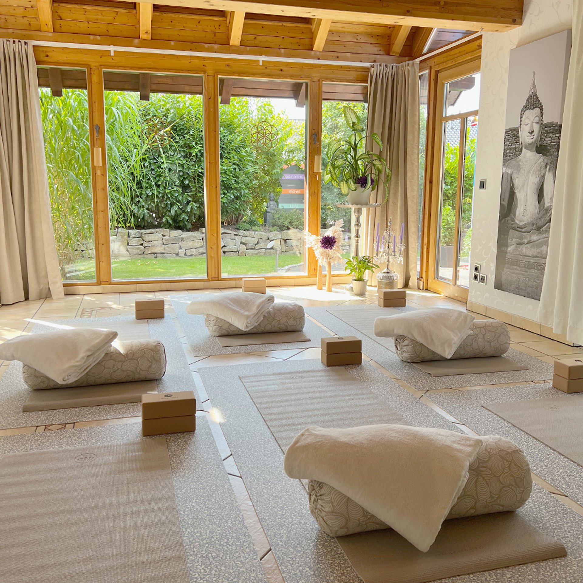 A woman standing on a yoga mat with her feet on the mat
