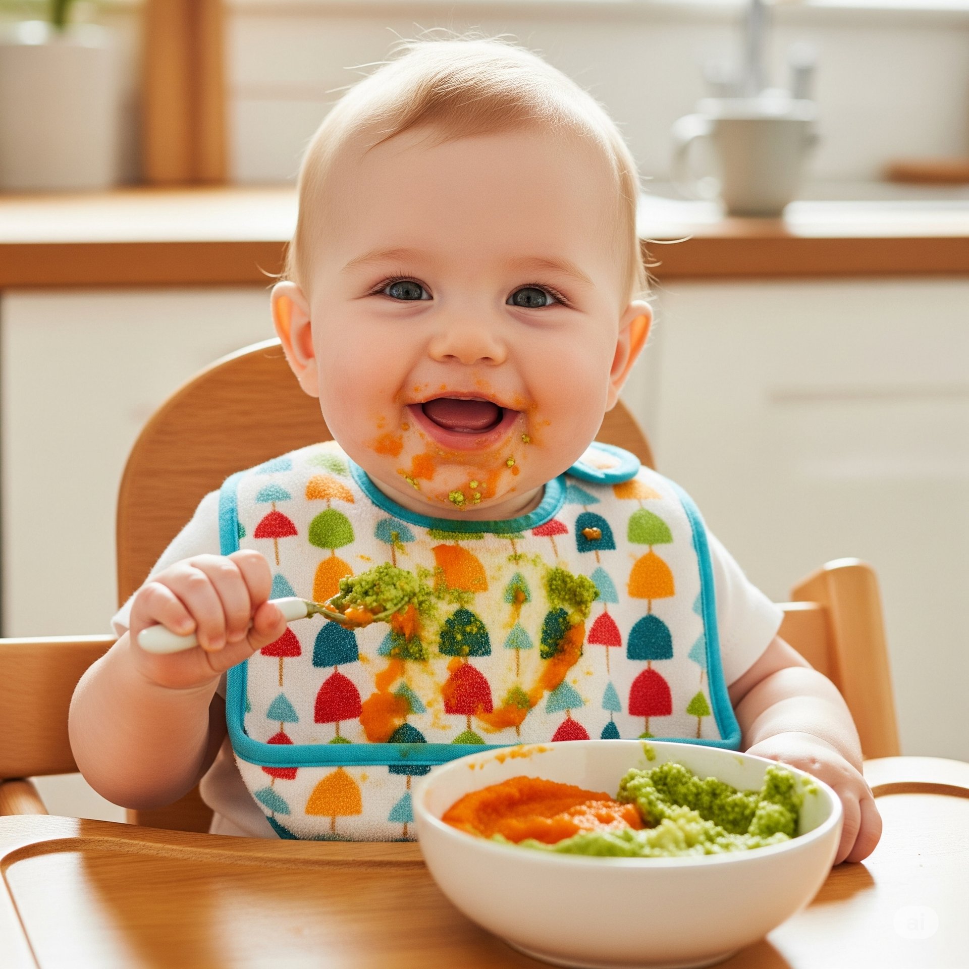 baby in white onesie sitting on white high chair