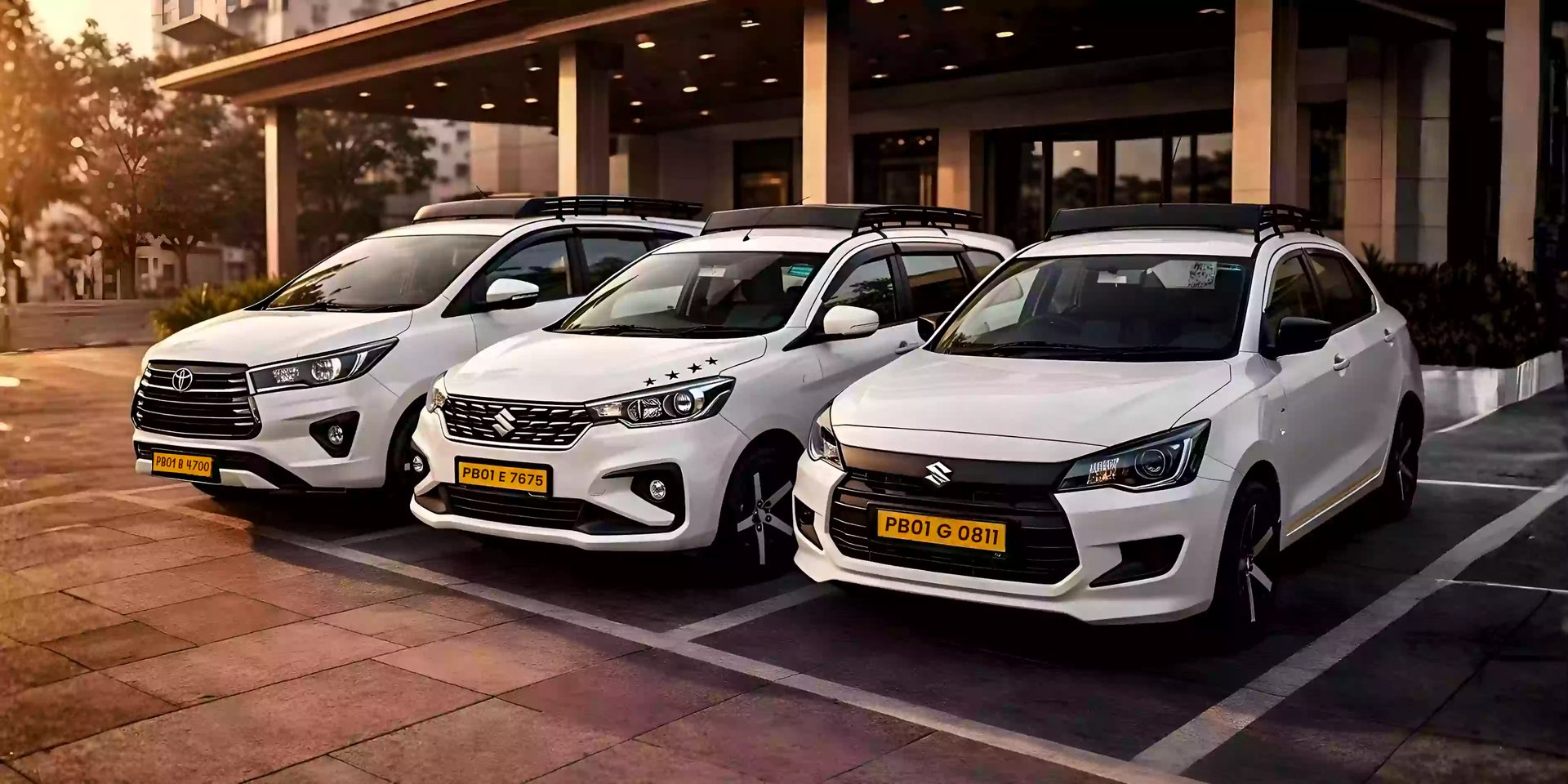 Premium fleet of white Innova Crysta, Maruti Ertiga, and Dzire for the best taxi service in Chandigarh.