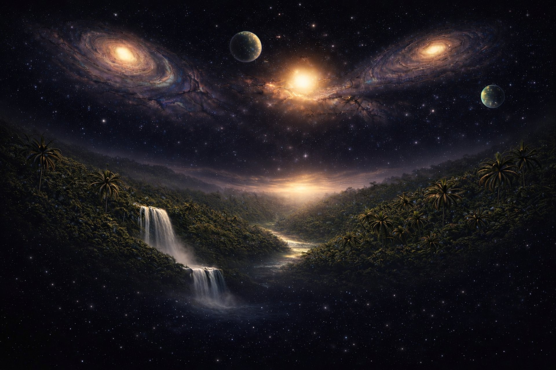 a stream running through a lush green forest