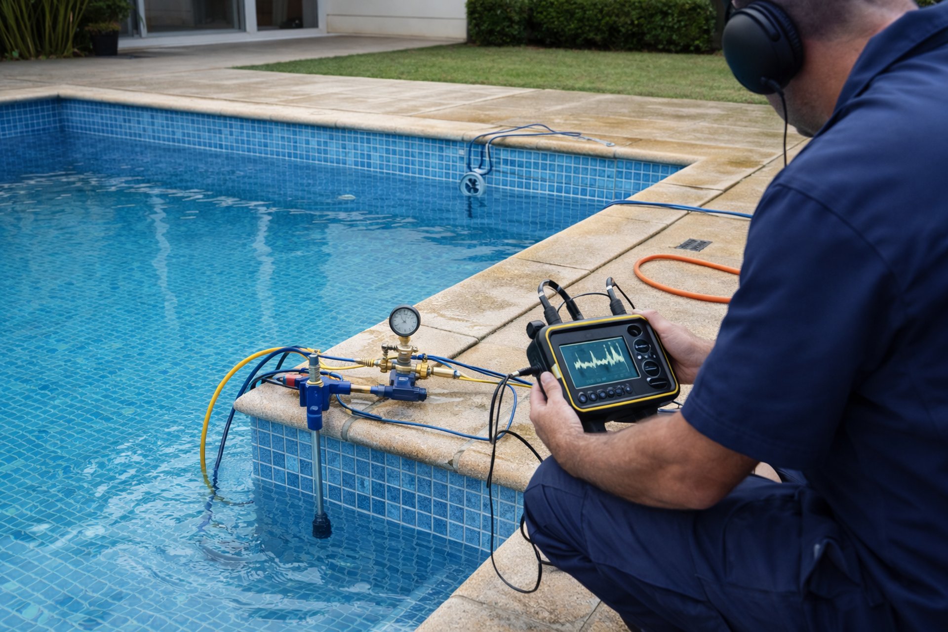 an empty swimming pool with a tall building in the background