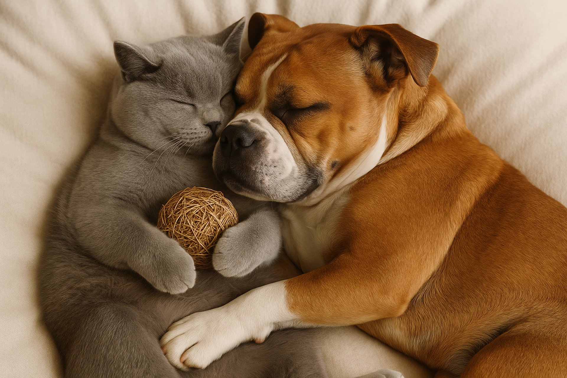 white dog and gray cat hugging each other on grass