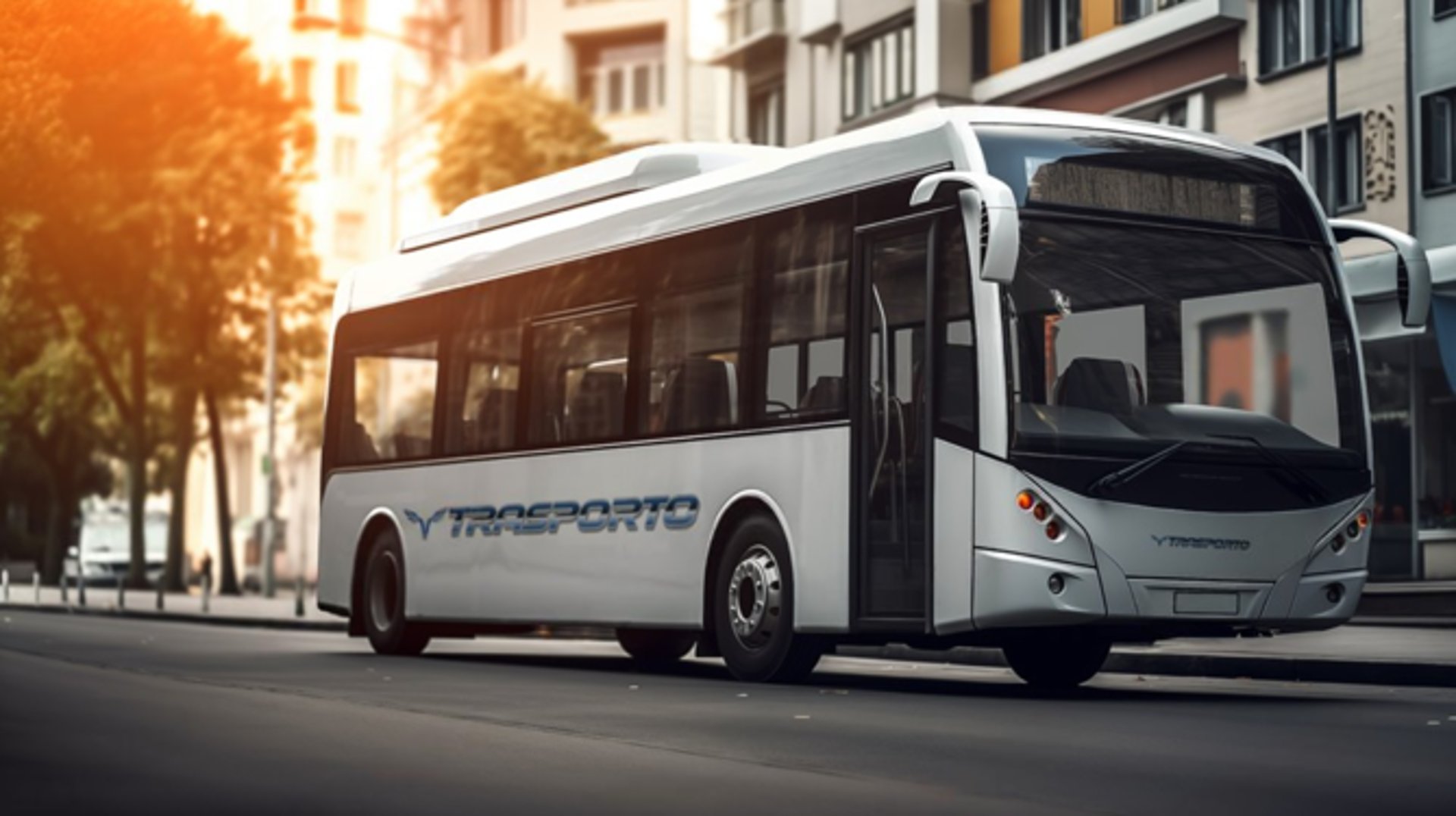 a blue bus driving down a street next to a tall building