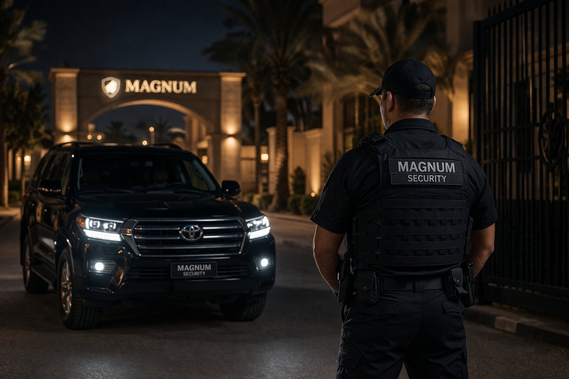 Magnum security officer and response vehicle at a secure site in Egypt