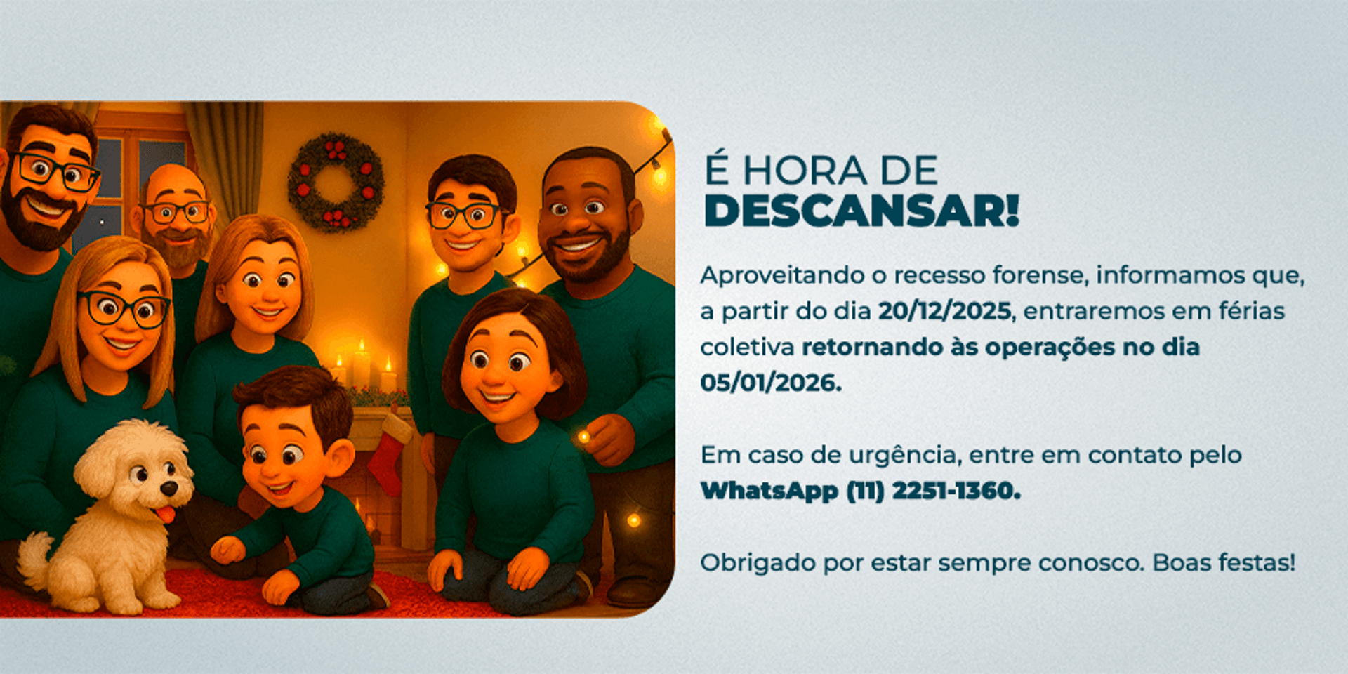 Ilustração 3D de equipe em clima natalino com aviso de recesso e retorno das atividades.