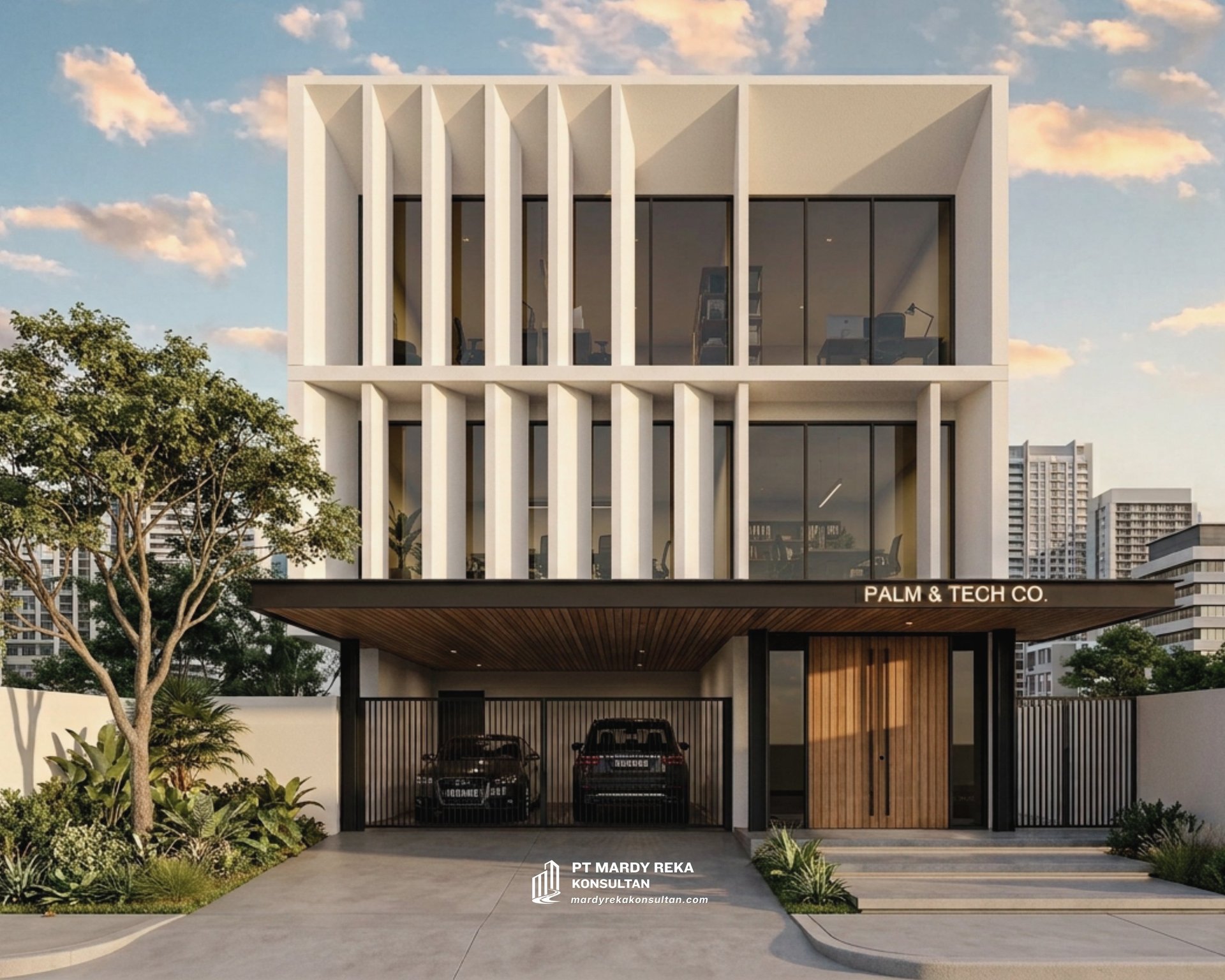 Modern concrete and wood house with trees
