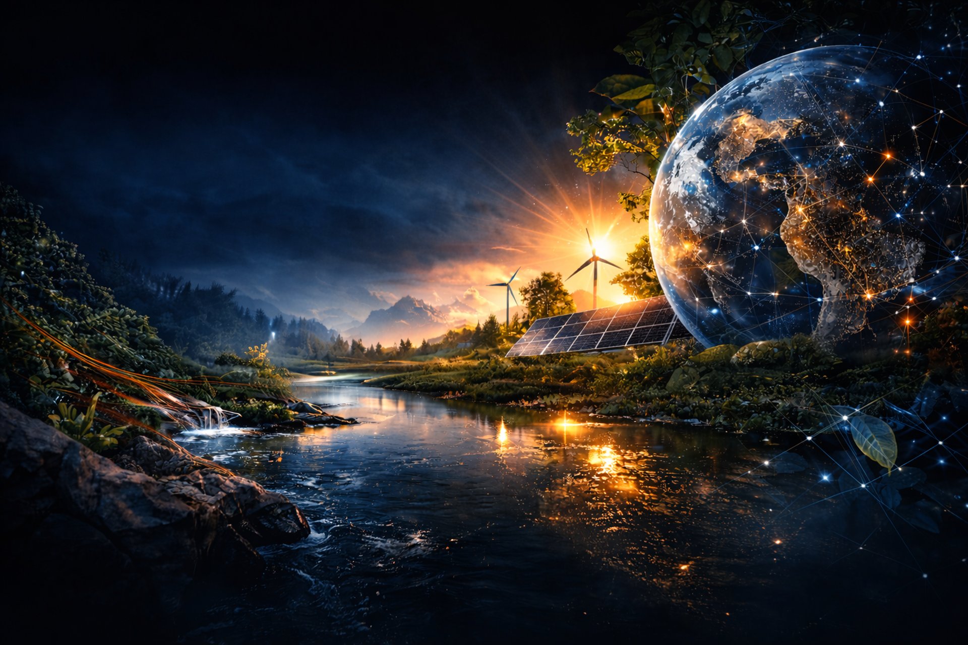 A colorful sky with clouds and trees in the foreground