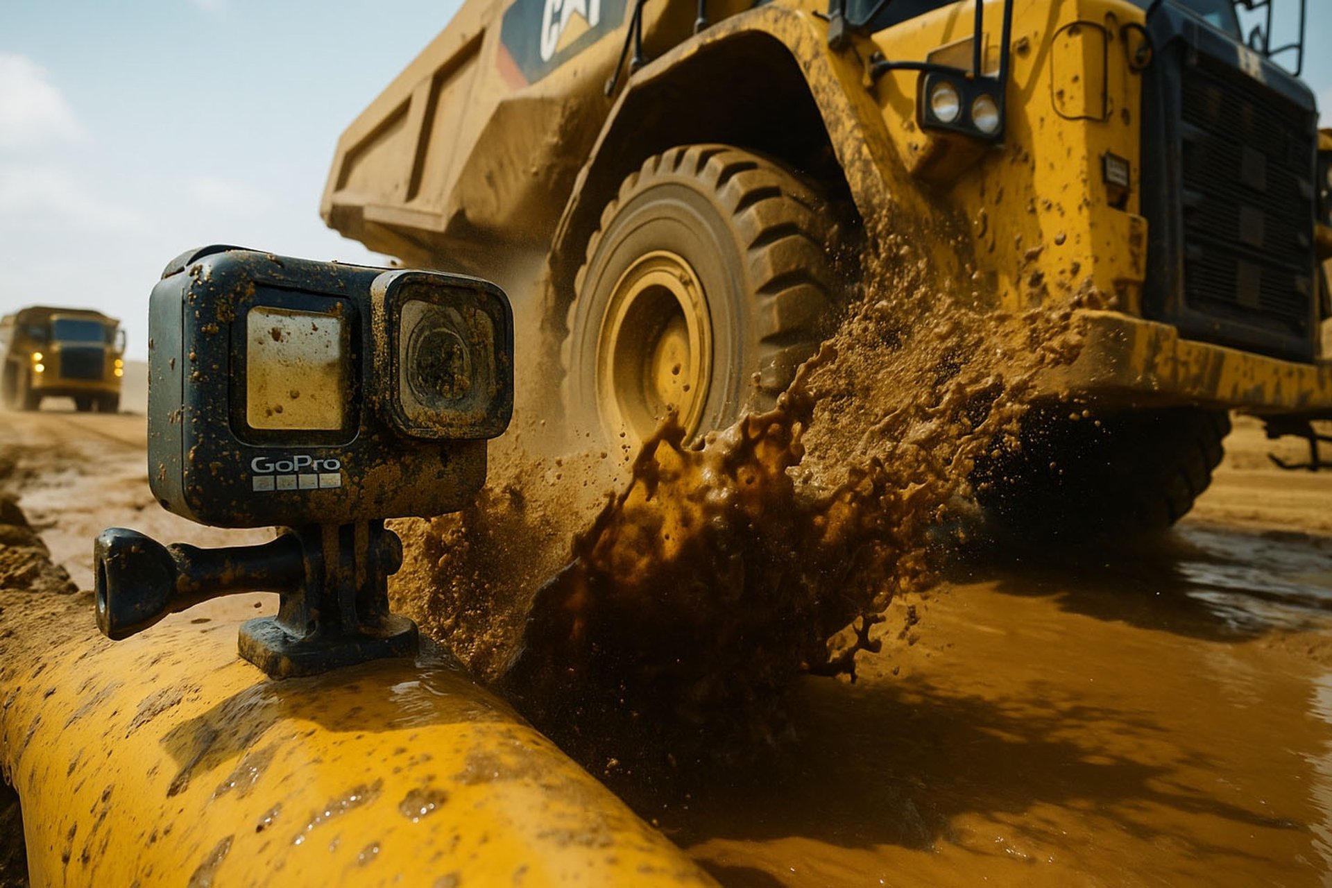 gopro camera at construction job site by dump trucks