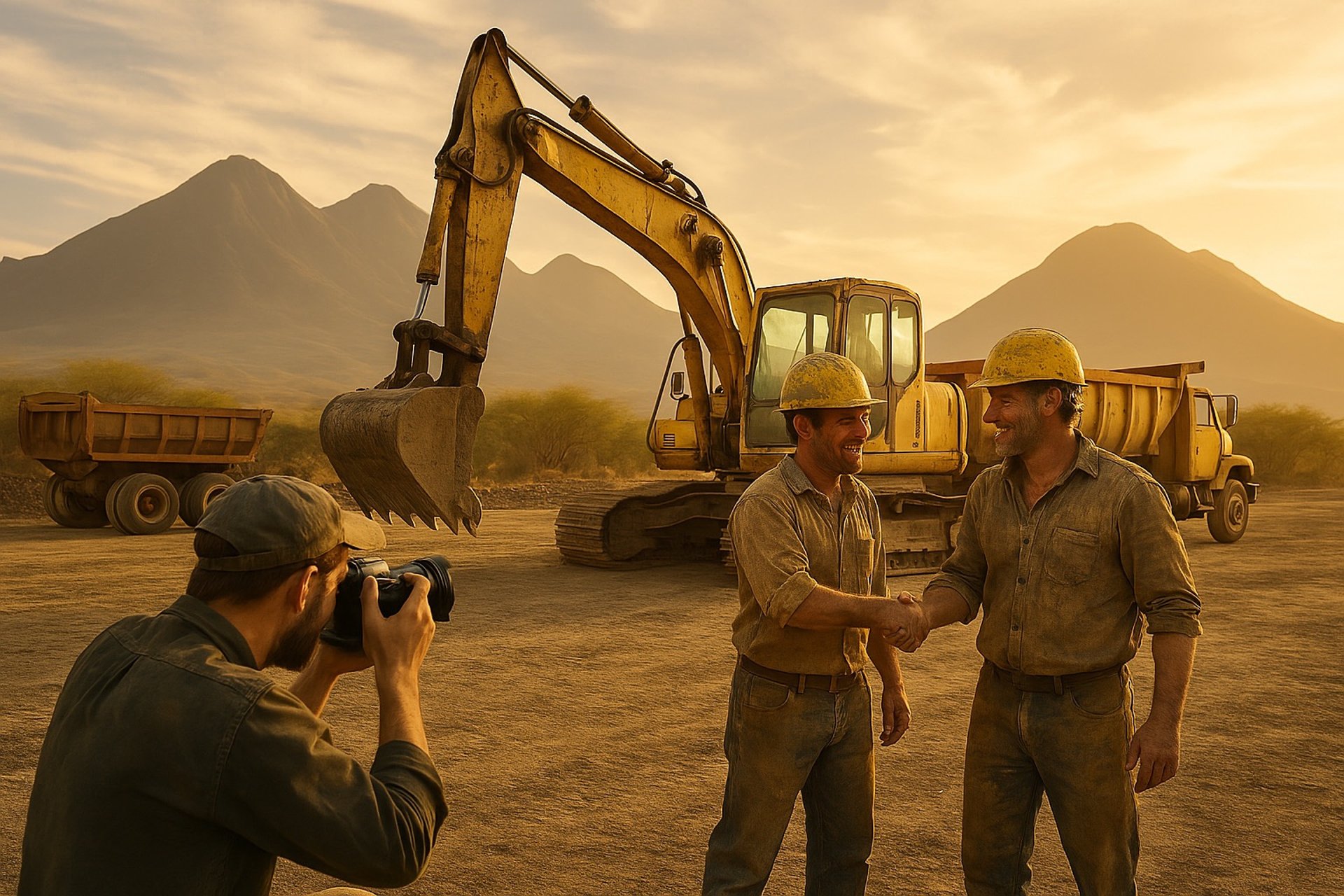 camera man at job site with workers and backhoe