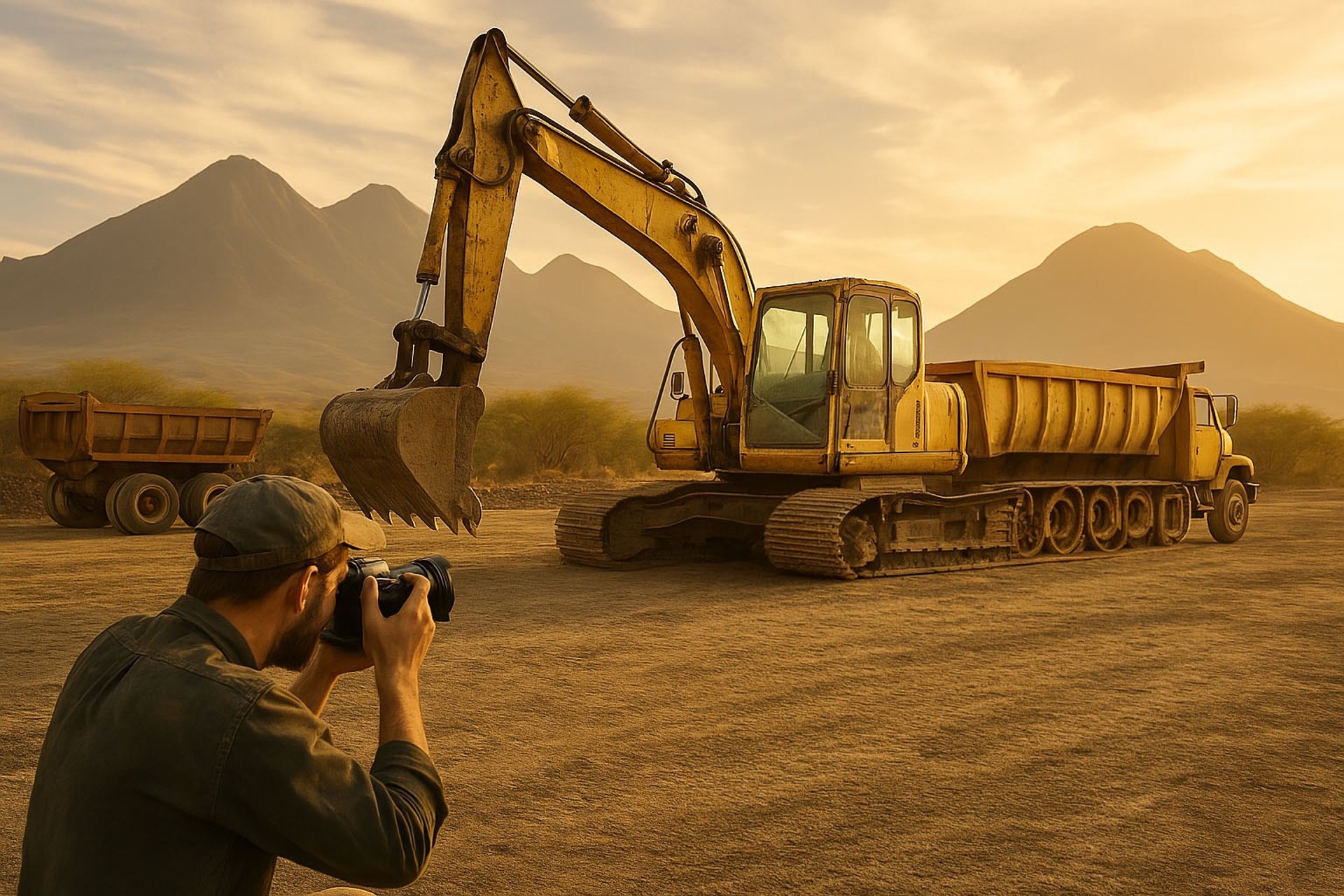 camera man at job site with workers and backhoe and dump truck