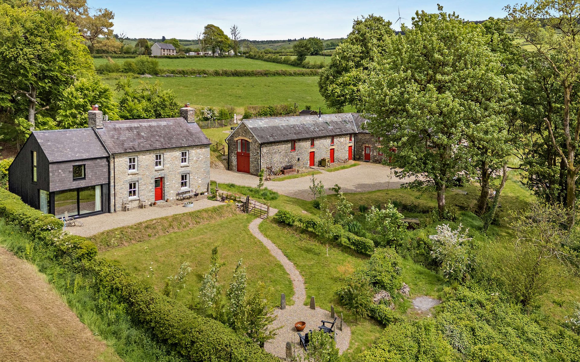 birds eye view of charming countryside barn