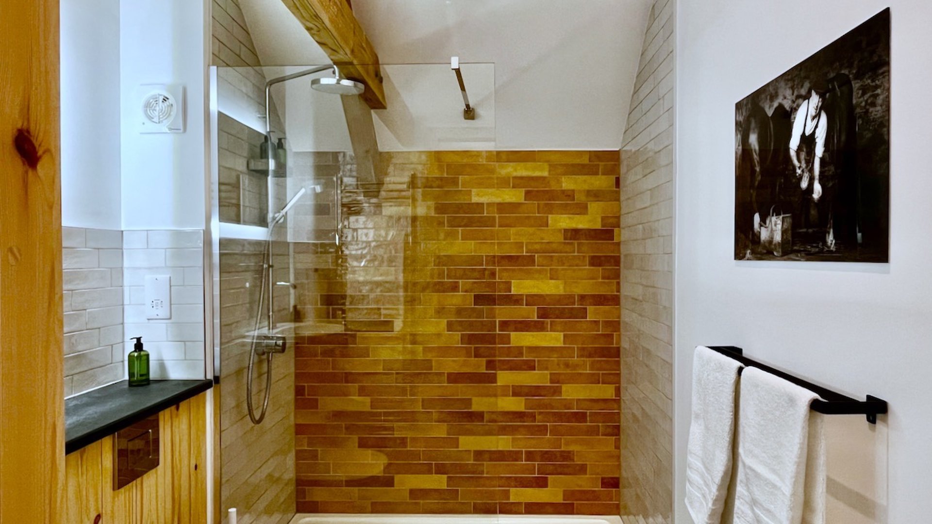 a shower rooms with brightly coloured tiles