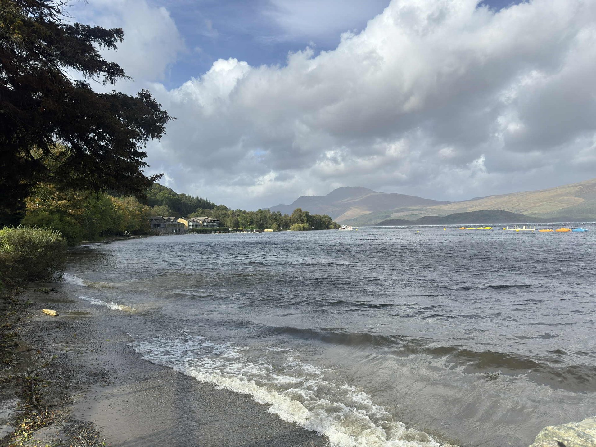 brown wooden fence on body of water under white clouds