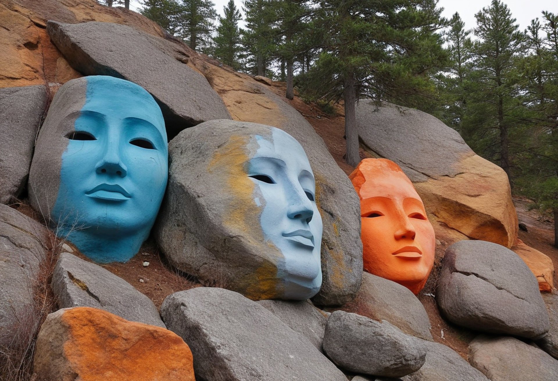 Three faces carved into rocks on the side of a cliff.