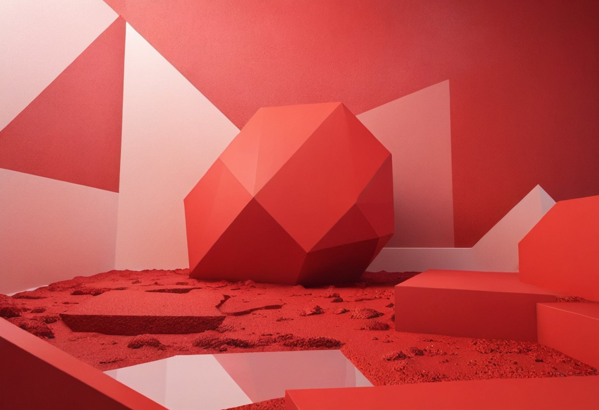 A geometric red and white shape and red boxes.