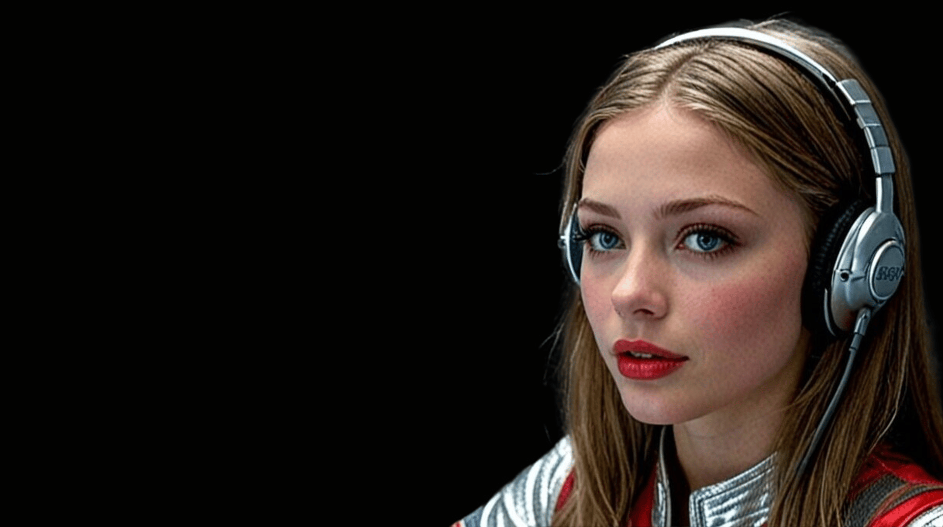 A woman wearing a space suit and headphones sitting down