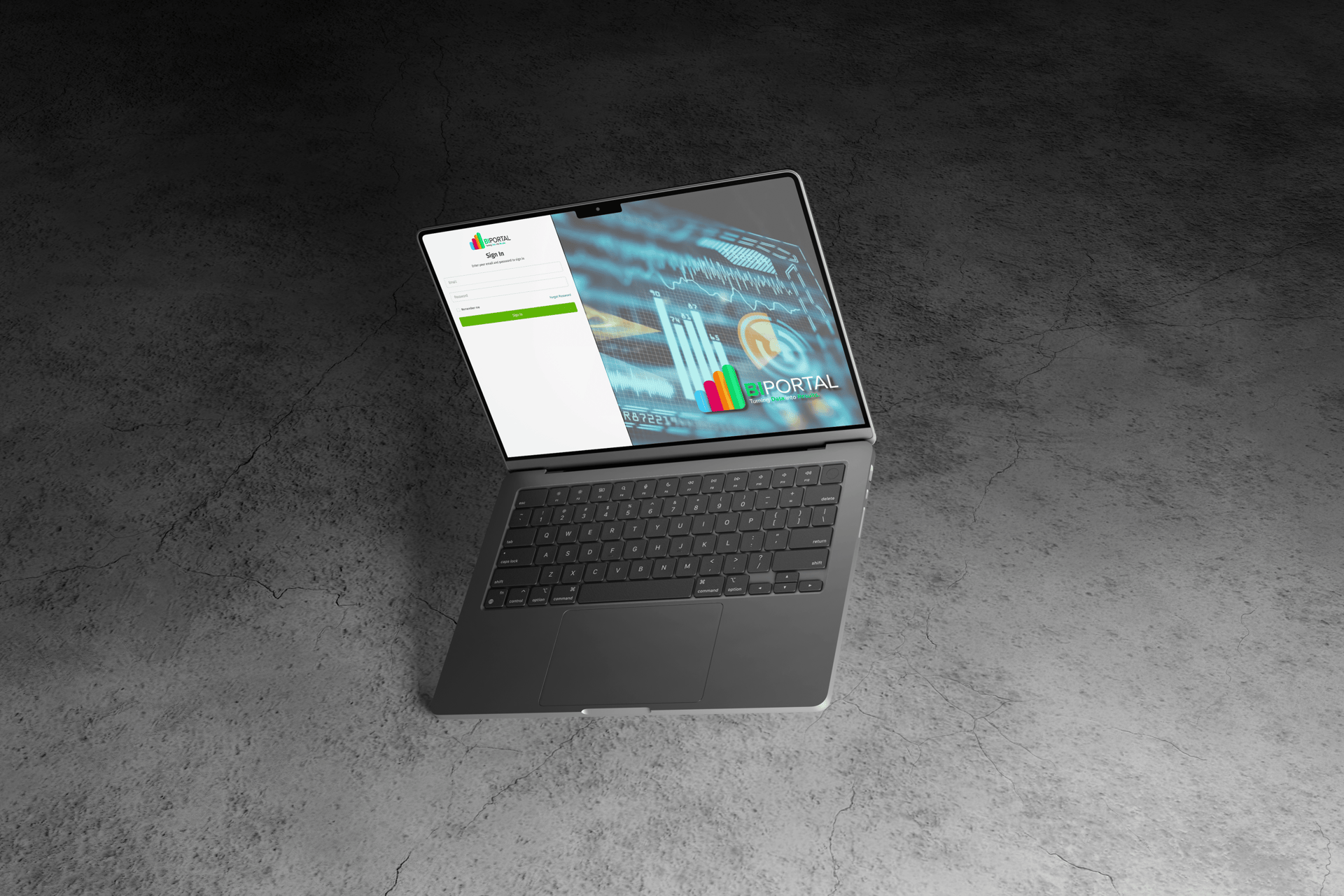 Laptop displaying the BI Portal login screen with a sleek dashboard interface.