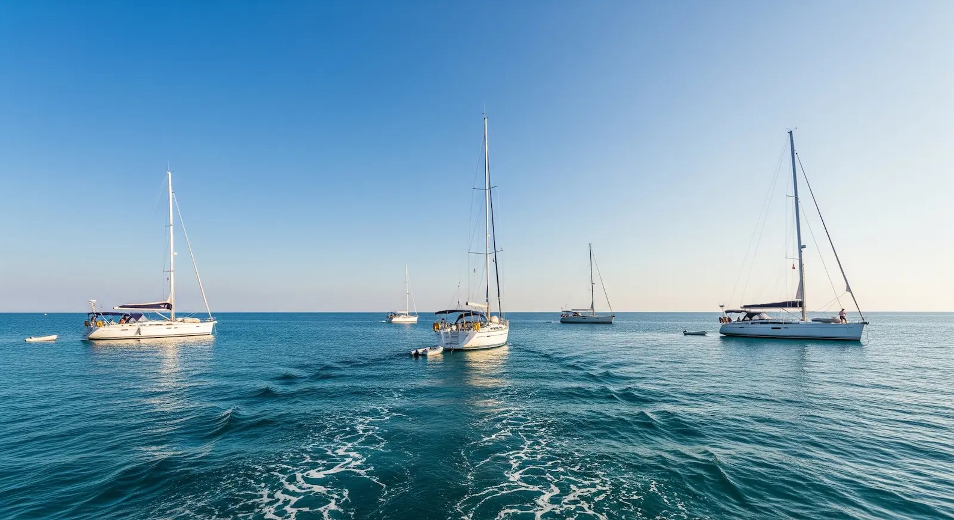 Voiliers ancrés dans une baie calme, ciel bleu et mer paisible