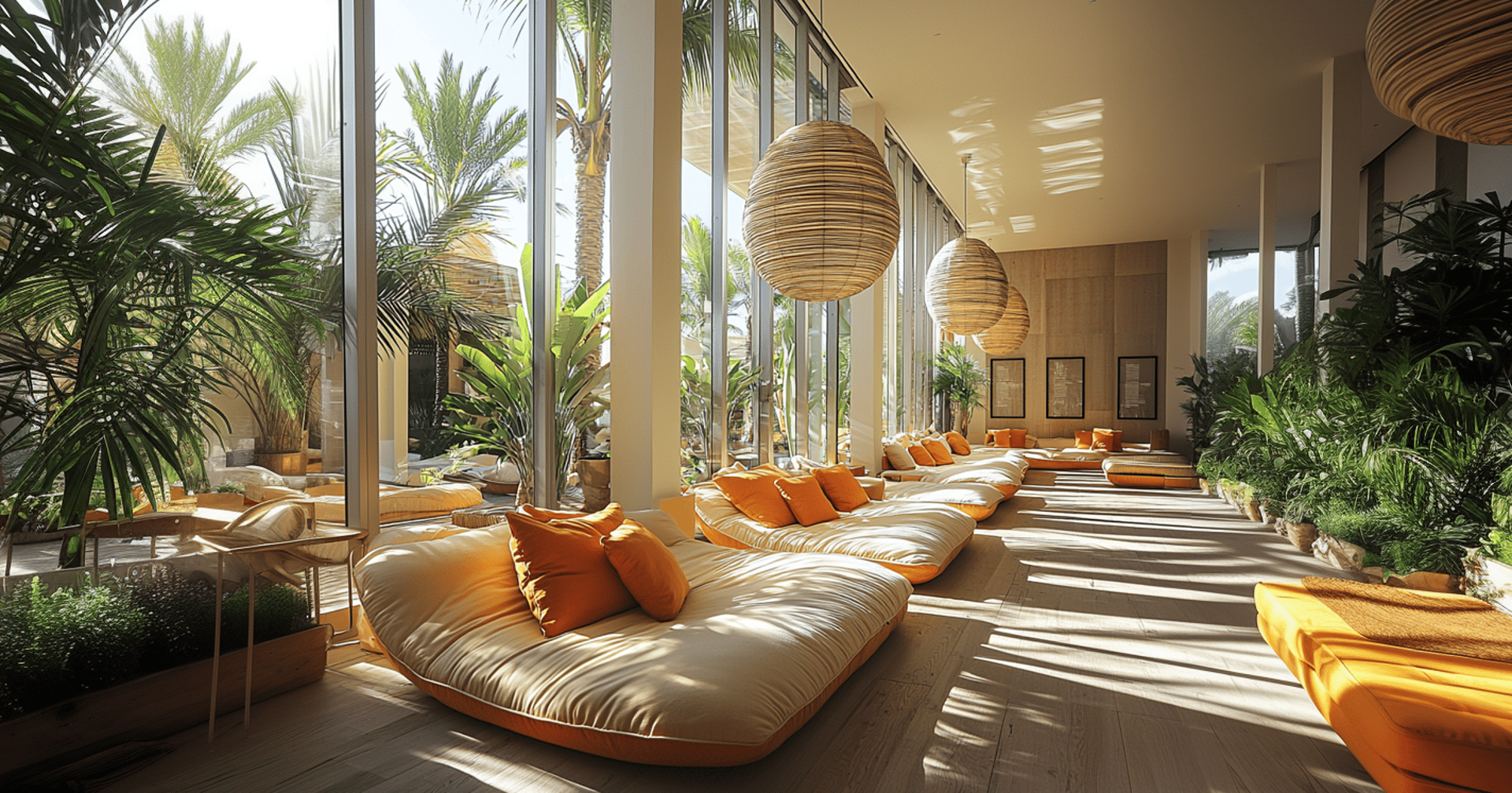 Hall d’un hôtel moderne et durable, créant une atmosphère innovante et accueillante.