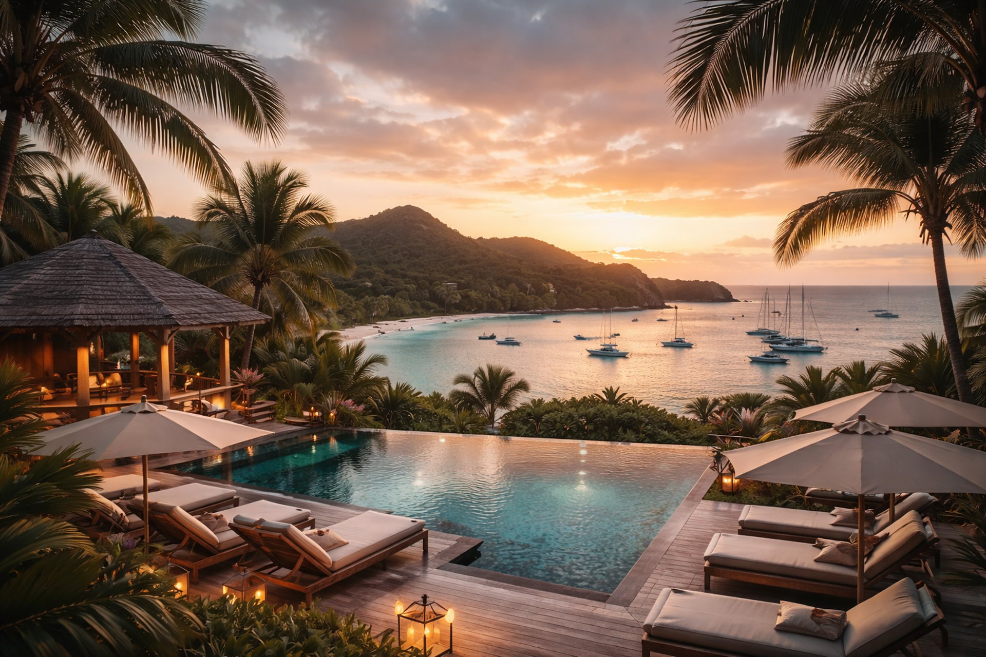 vue d'un resort de luxe dans les caraibes au couché du soleil avec piscine a débordement, palmiers