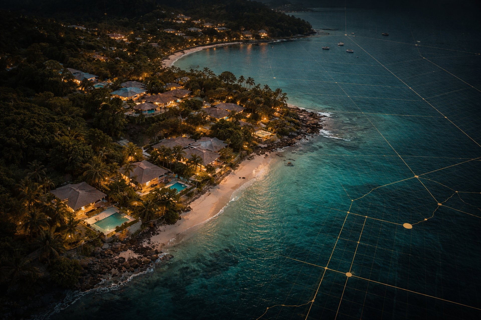 Vue aérienne premium d’une côte tropicale type Guadeloupe au crépuscule, villas éclairées et mer turquoise, avec grille