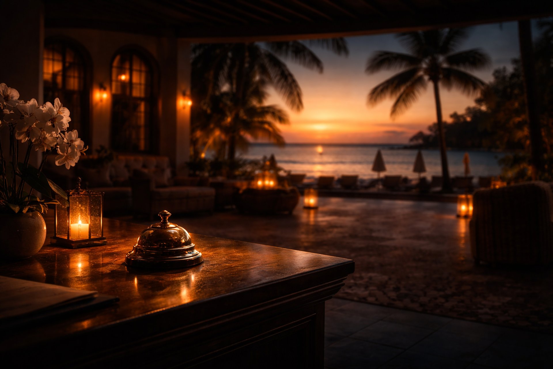 Lobby ouvert d’un hôtel de luxe aux Caraïbes au crépuscule, éclairage chaleureux, palmiers et mer au coucher du soleil