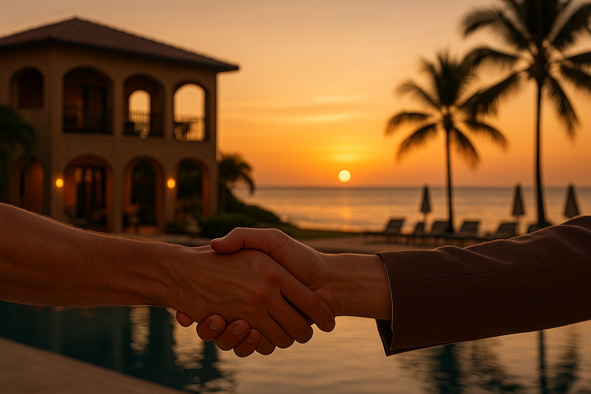 Deux personnes se serrant la main devant un hôtel caribéen au coucher du soleil, symbolisant la confiance et la réussite d’un