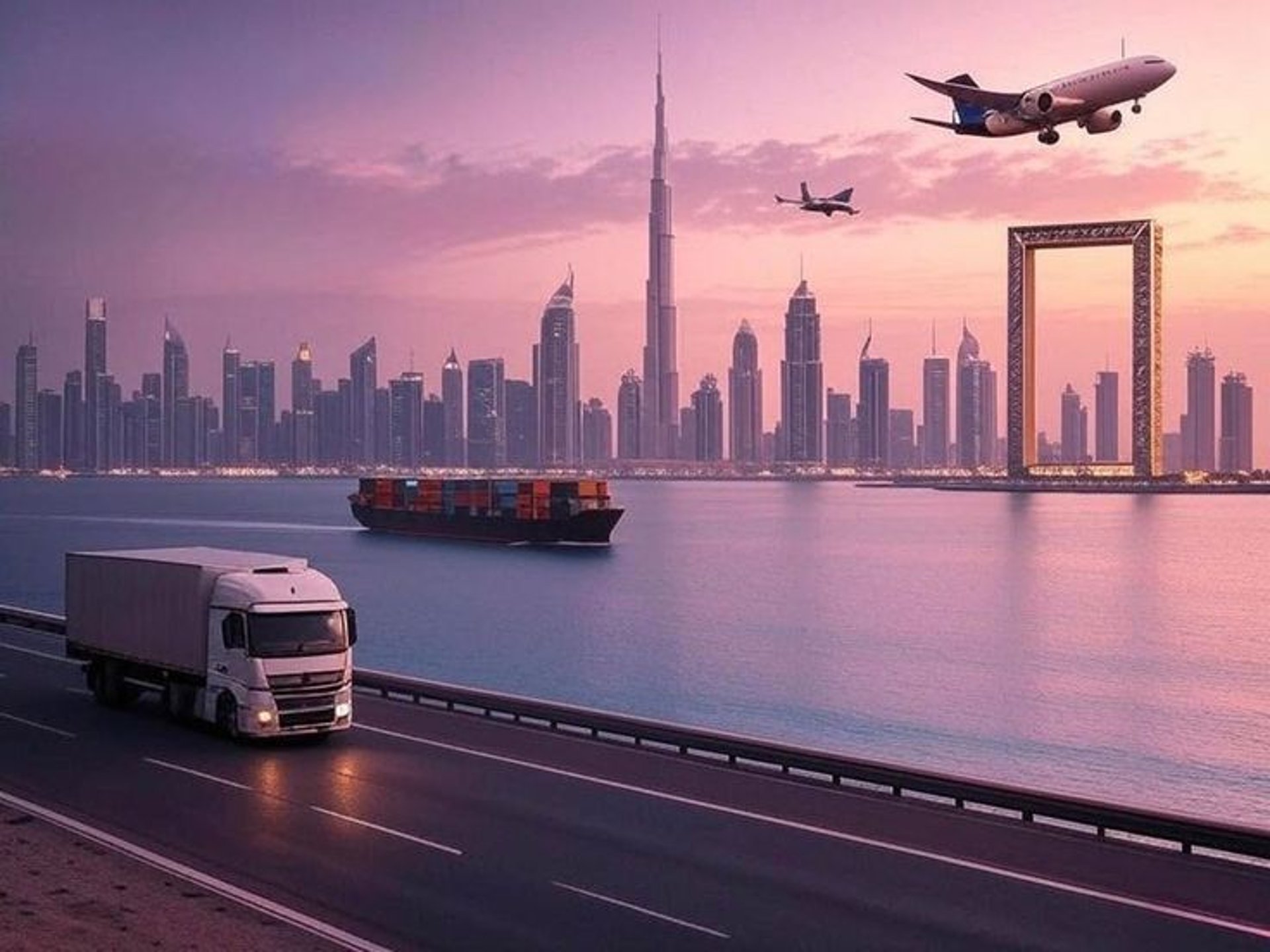 a car driving down a highway in front of tall buildings