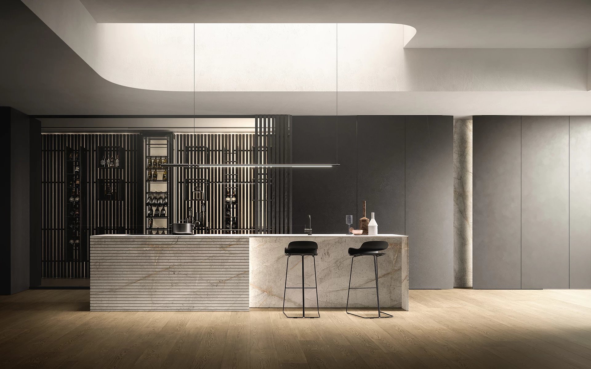 an abstract photo of a curved building with a blue sky in the background