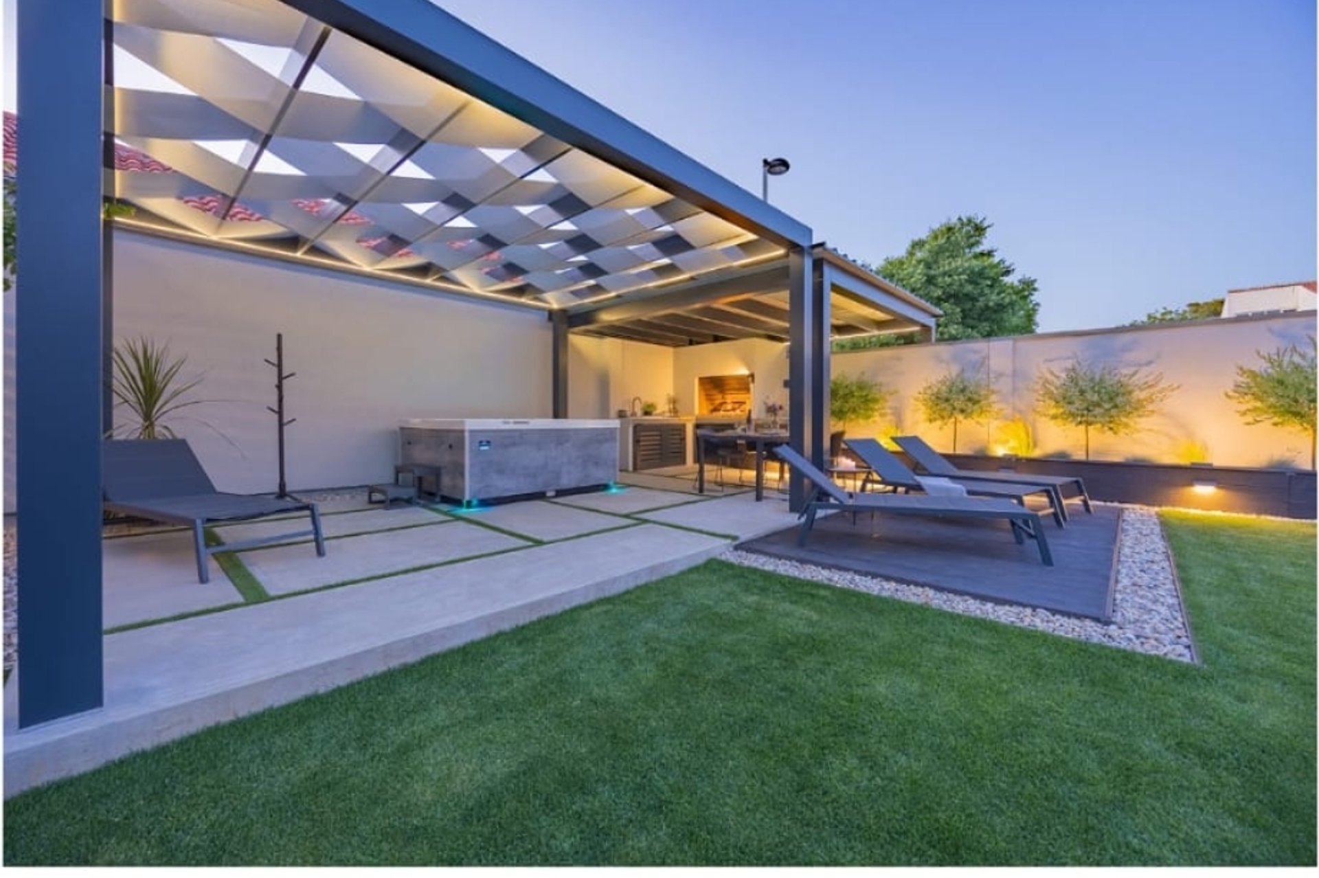 a patio with a couch and a table in it