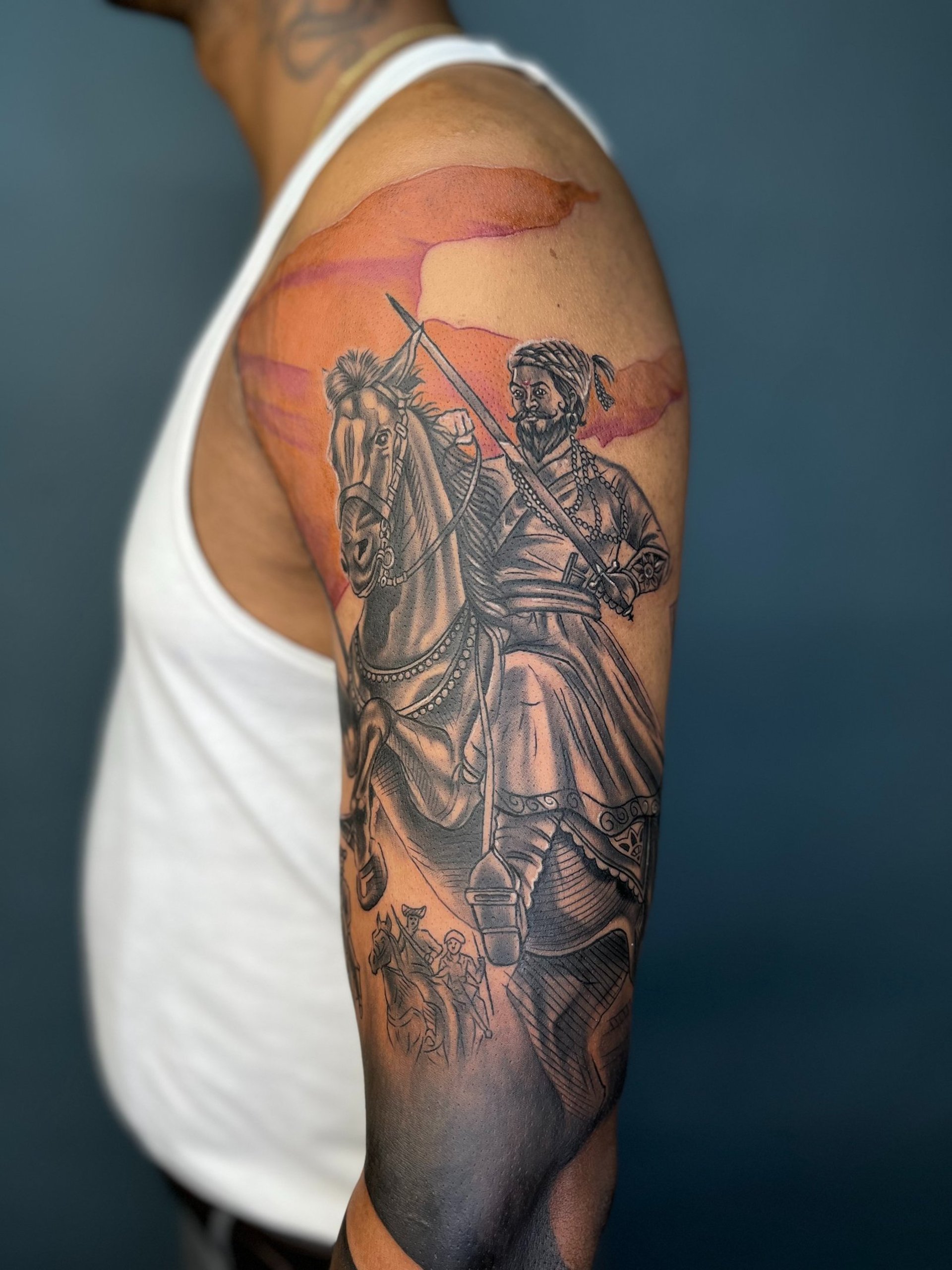 full sleeve shivaji maharaj tattoo done at ink astra tattoo studio in kharghar navi mumbai